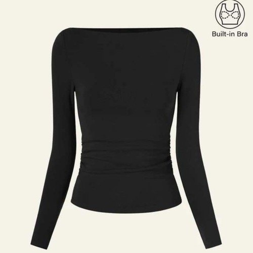 OGL ProWarm Eco-Mousse Modern Side Ruched Boatneck Brami Top Women's Small Black